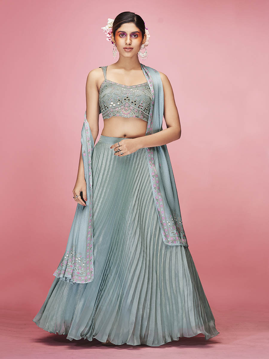 Myra Sky Blue Art Silk Embroidered Designer Lehenga | Grocsy