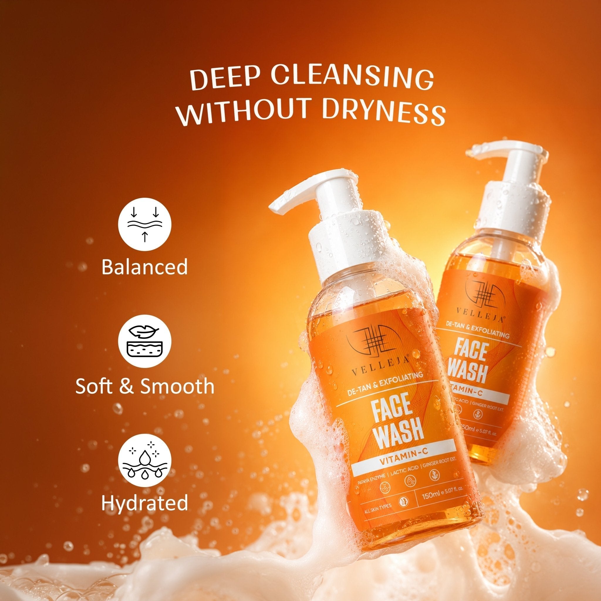Velleja De-Tan & Exfoliating Face Wash | Vitamin C Tan Removal & Brightening Face Cleanser | Grocsy