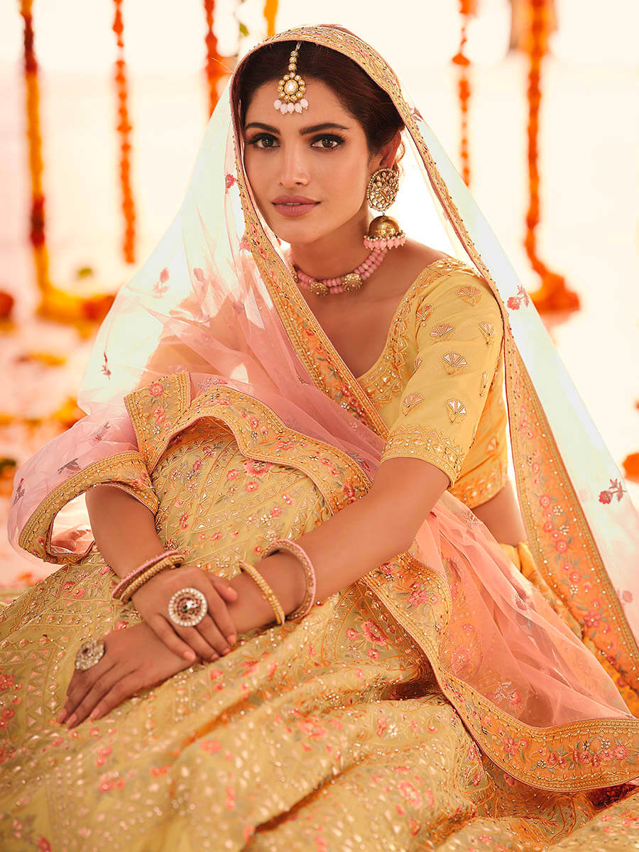 Myra Yellow Organza Embroidered Designer Lehenga | Grocsy