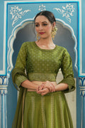Juniper Green Bandhani Printed Shantoon Slub Lehenga Choli & Net Dupatta Set. | Grocsy