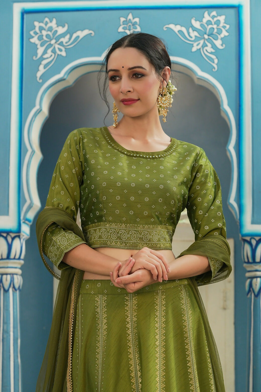 Juniper Green Bandhani Printed Shantoon Slub Lehenga Choli & Net Dupatta Set. | Grocsy