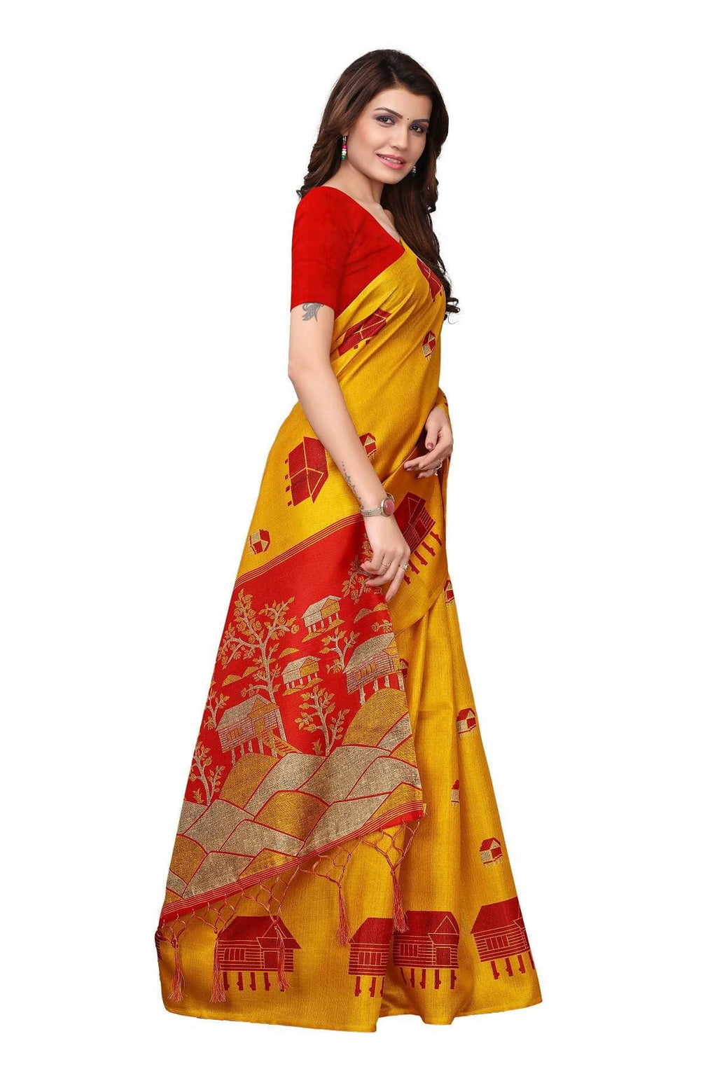 Vamika Latest Fashion Yellow & Red Kalamkari With Jhalar Khadi Silk Saree | Grocsy