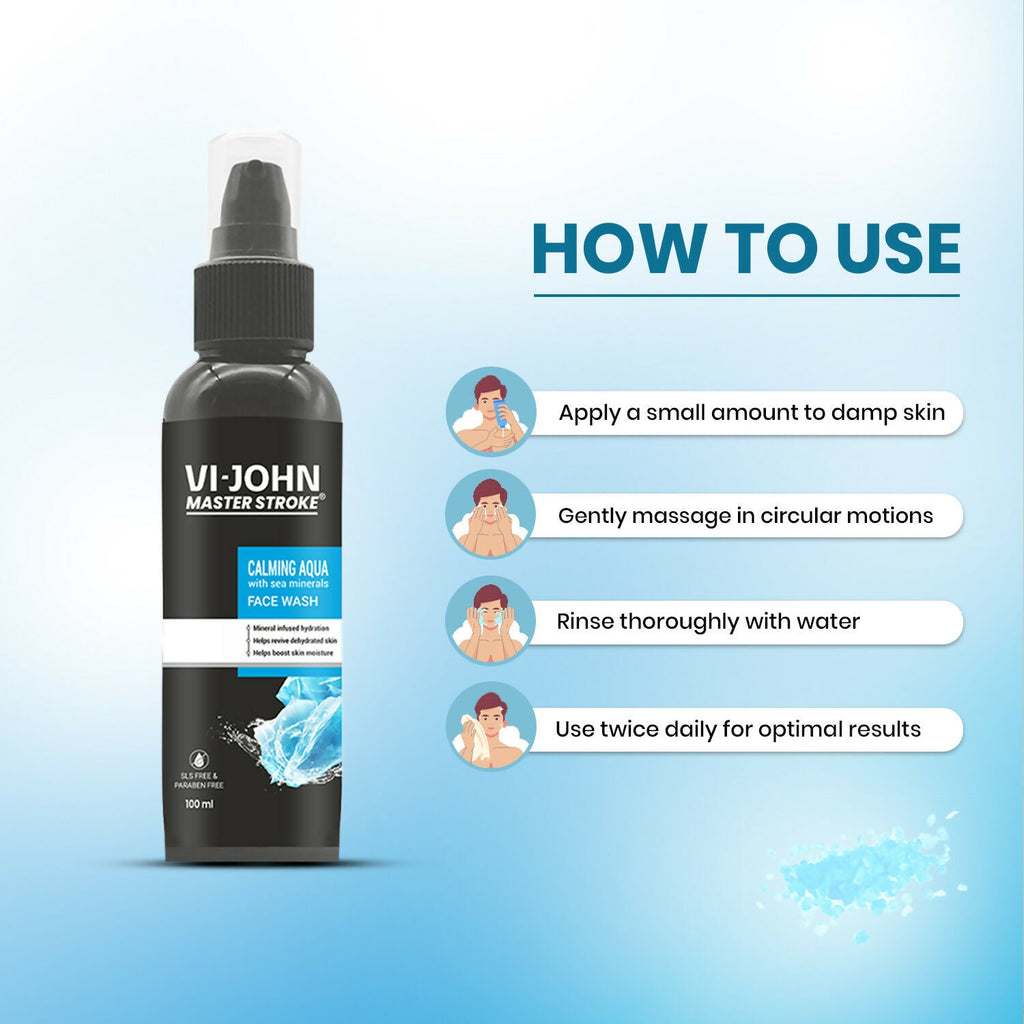 VI-JOHN Master Stroke Calming Aqua Face Wash Deep Hydration And Clearer Skin For All Skin Type | Grocsy
