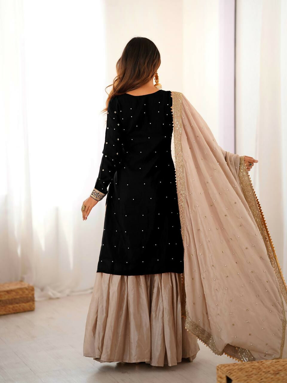 Lehenga Mart Designer Sharara Suit With Kurta, Sharara, Dupatta For Women-Black | Grocsy