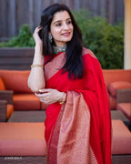 DEIANA'S Beautiful Designer Golden zari Soft Lichi Silk Saree - Red | Grocsy