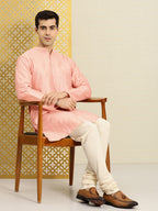 House of Pataudi Men Peach-Coloured Ethnic Motifs Printed Kurta | Grocsy