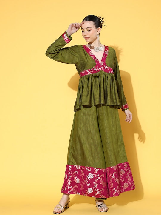 InWeave Women's Olive Pink Brocade Mughal Shaan Kurta Palazzo Set | Grocsy