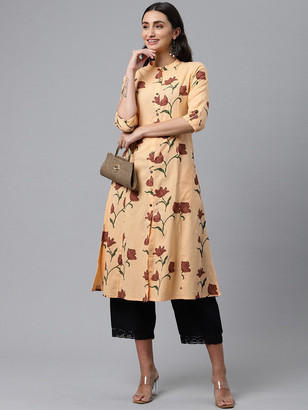 HERE&NOW Women Orange & Brown Floral Printed A-Line Kurta | Grocsy