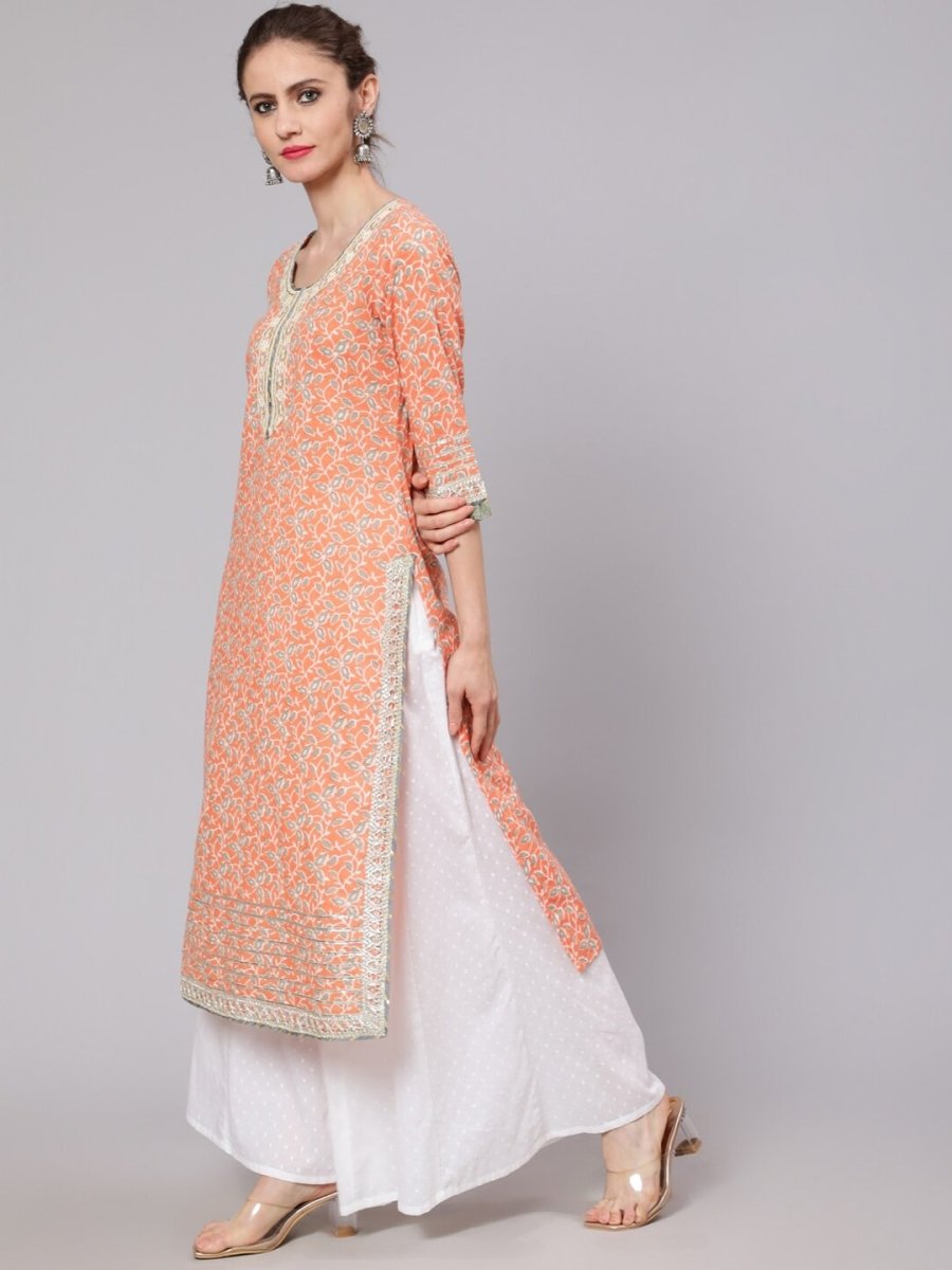 Aks Floral Printed Round Neck Cotton Straight Kurta | Grocsy