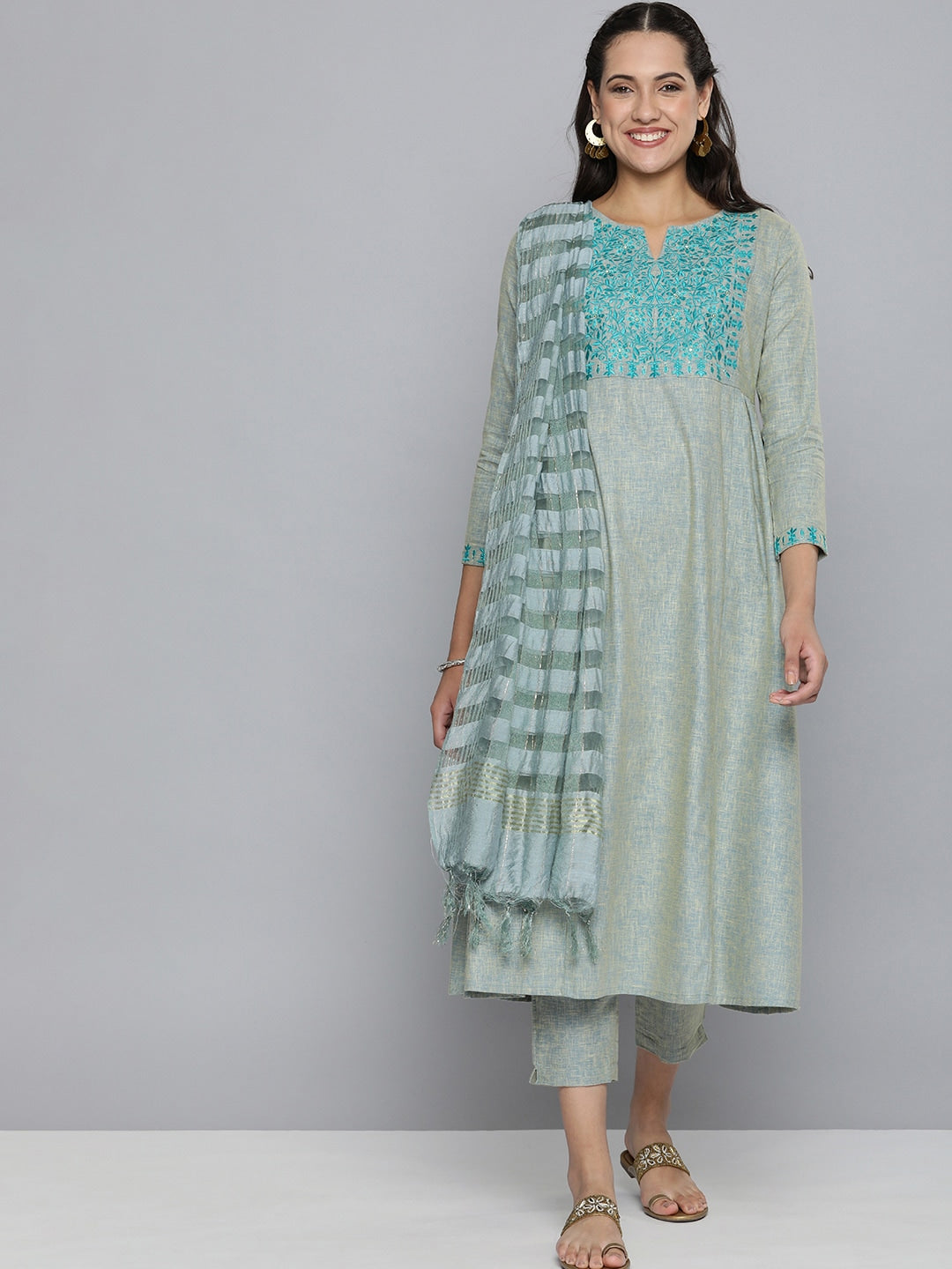 HERE&NOW Grey & Blue Embroidered Cotton Kurta with Trousers & With Dupatta | Grocsy