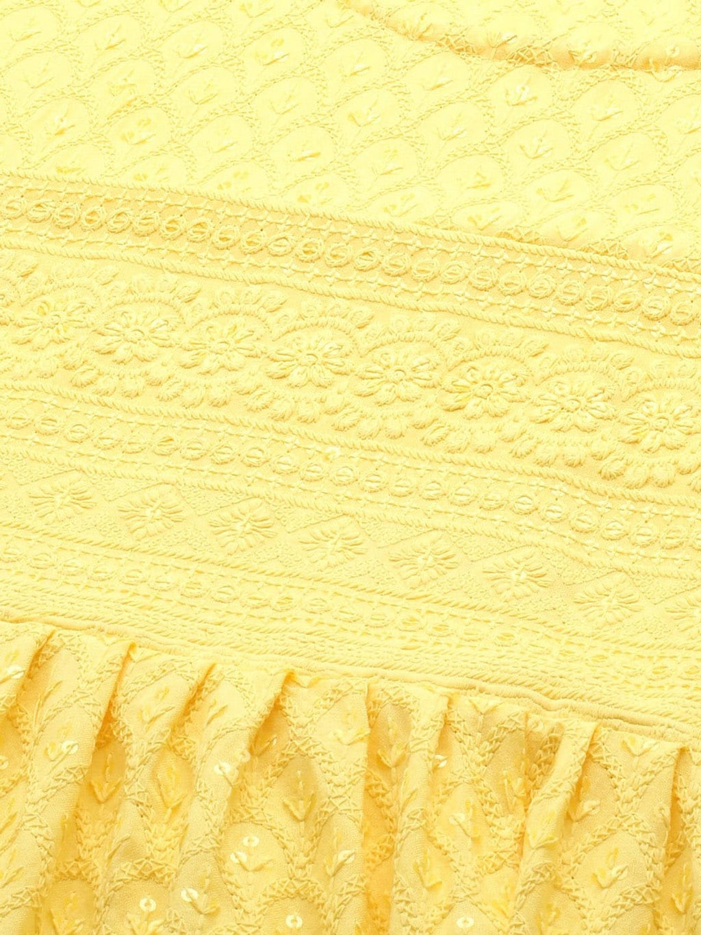 Sangria Yellow Ethnic Motifs Embroidered Chikankari A-Line Kurta | Grocsy
