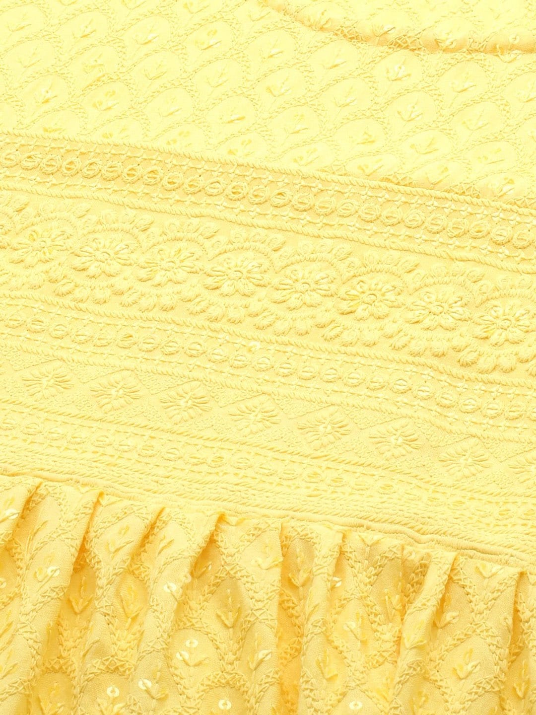 Sangria Yellow Ethnic Motifs Embroidered Chikankari A-Line Kurta | Grocsy
