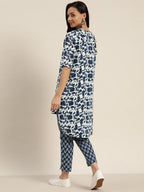 Sangria Women White & Navy Blue Printed Kurta with Trousers | Grocsy