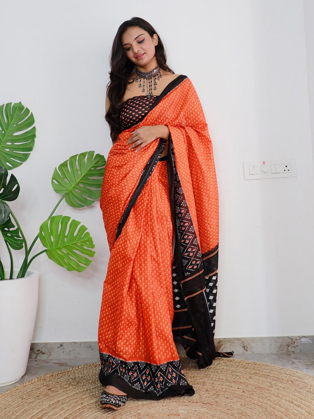 Saree Mall Orange & Black Ethnic Motifs Printed Pure Cotton Sarees | Grocsy