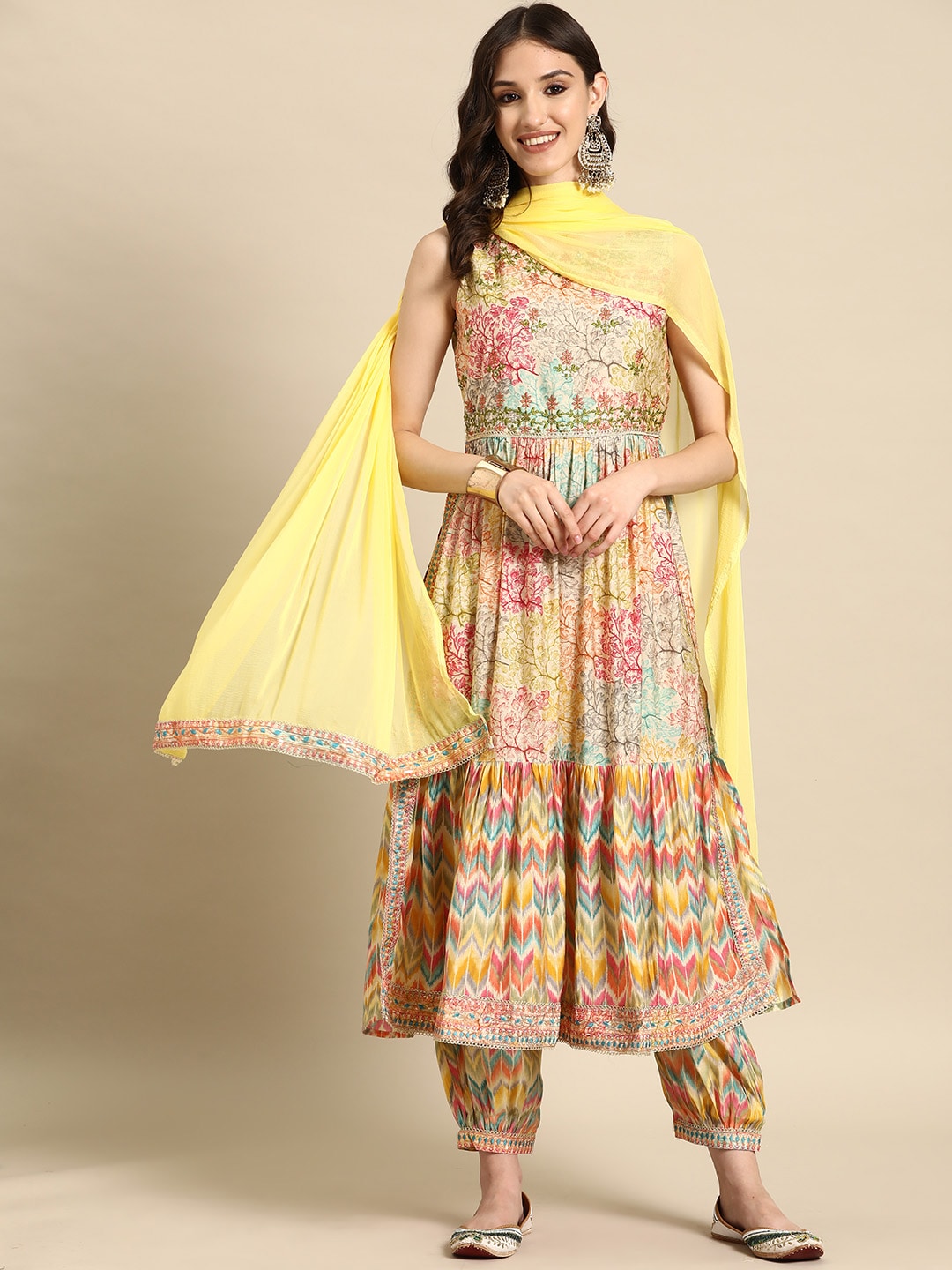 Sangria Floral Embroidered High Slit Sequinned Kurta With Salwar & Dupatta | Grocsy