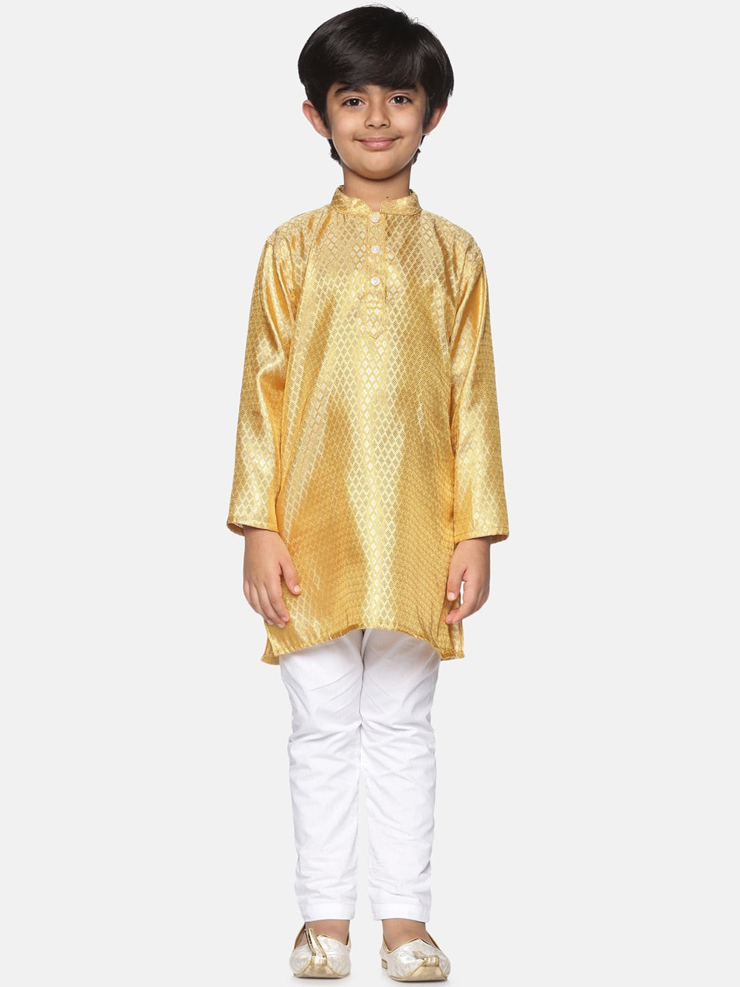 Sethukrishna Boys Gold-Toned & White Woven Design Kurta with Pyjamas | Grocsy