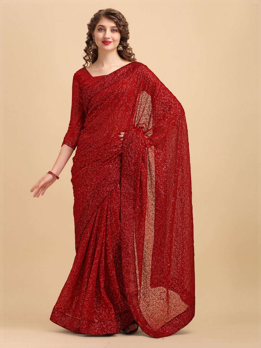 Sangria Maroon Embellished Sequinned Pure Georgette Saree | Grocsy