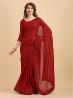 Sangria Maroon Embellished Sequinned Pure Georgette Saree | Grocsy