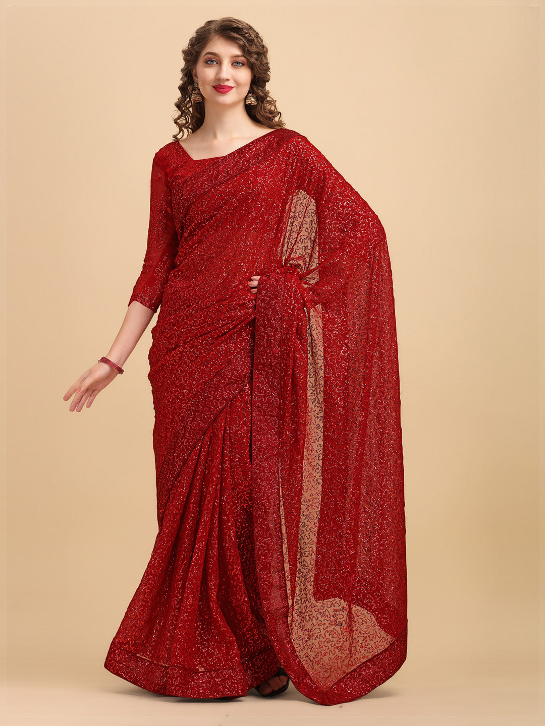 Sangria Maroon Embellished Sequinned Pure Georgette Saree | Grocsy
