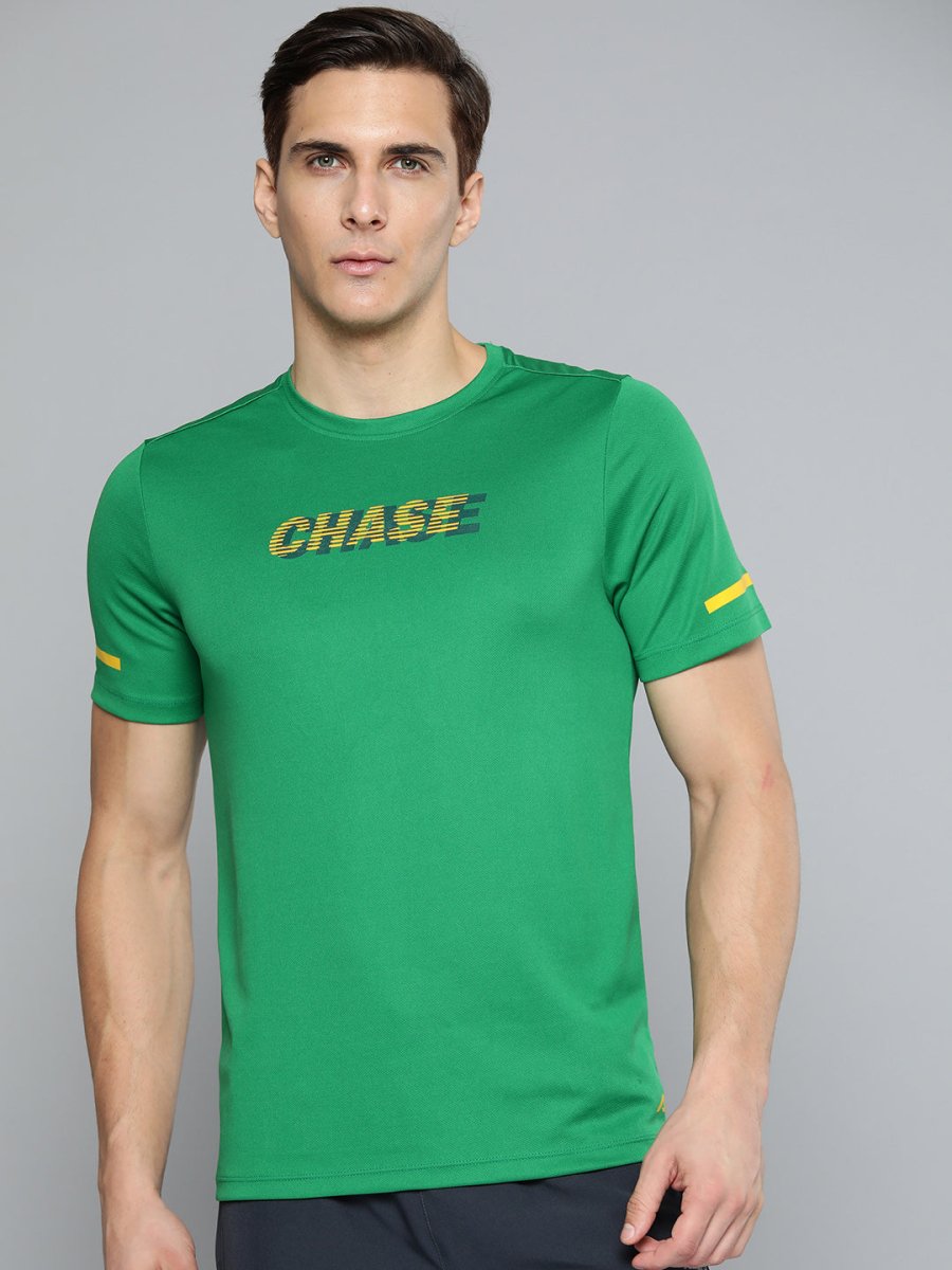 Alcis Men Green & Yellow Typography Printed Slim Fit Running T-shirt | Grocsy