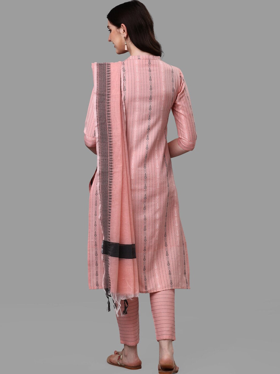 HERE&NOW Women Peach Striped Pure Cotton Kurta with Trousers & With Dupatta | Grocsy