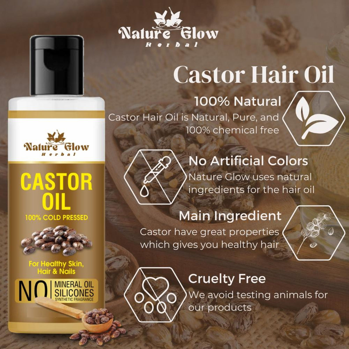 Nature Glow Herbal Cold Pressed 100% Pure Castor Arandi Oil | Grocsy