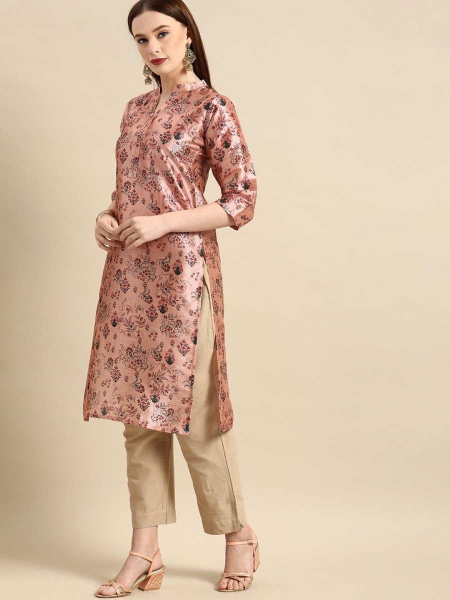 All About You Women Dusty Pink Floral Block Print Chanderi Silk Blend Straight Kurta | Grocsy