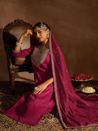 Indo Era Red Floral Embroidered Regular Kurta with Trousers & Dupatta | Grocsy