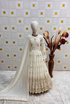 Teeya Creation New Kids Wedding Wear Heavy Embroidery Sequence Work Kurta Gown Set-White | Grocsy
