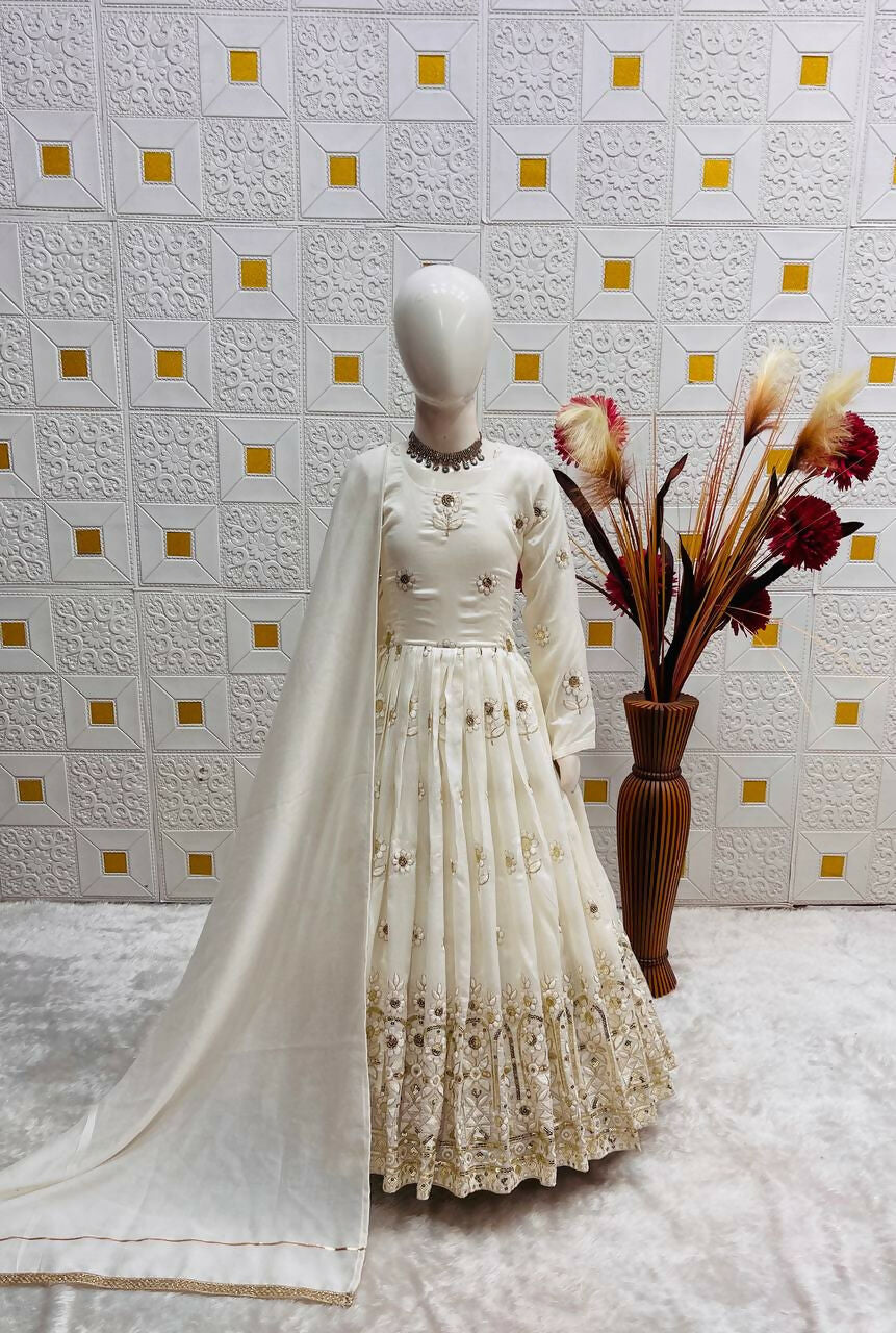Teeya Creation New Kids Wedding Wear Heavy Embroidery Sequence Work Kurta Gown Set-White | Grocsy