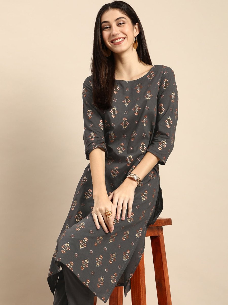 All About You Women Grey Ethnic Motifs Printed Pure Cotton Kurta with Trousers | Grocsy