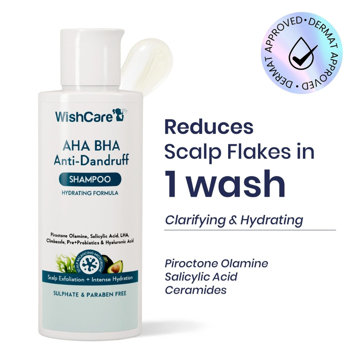 WishCare Hydrating AHA BHA Anti Dandruff Shampo-Reduces Flakes & Itchiness-100% Dandruff Reduction | Grocsy