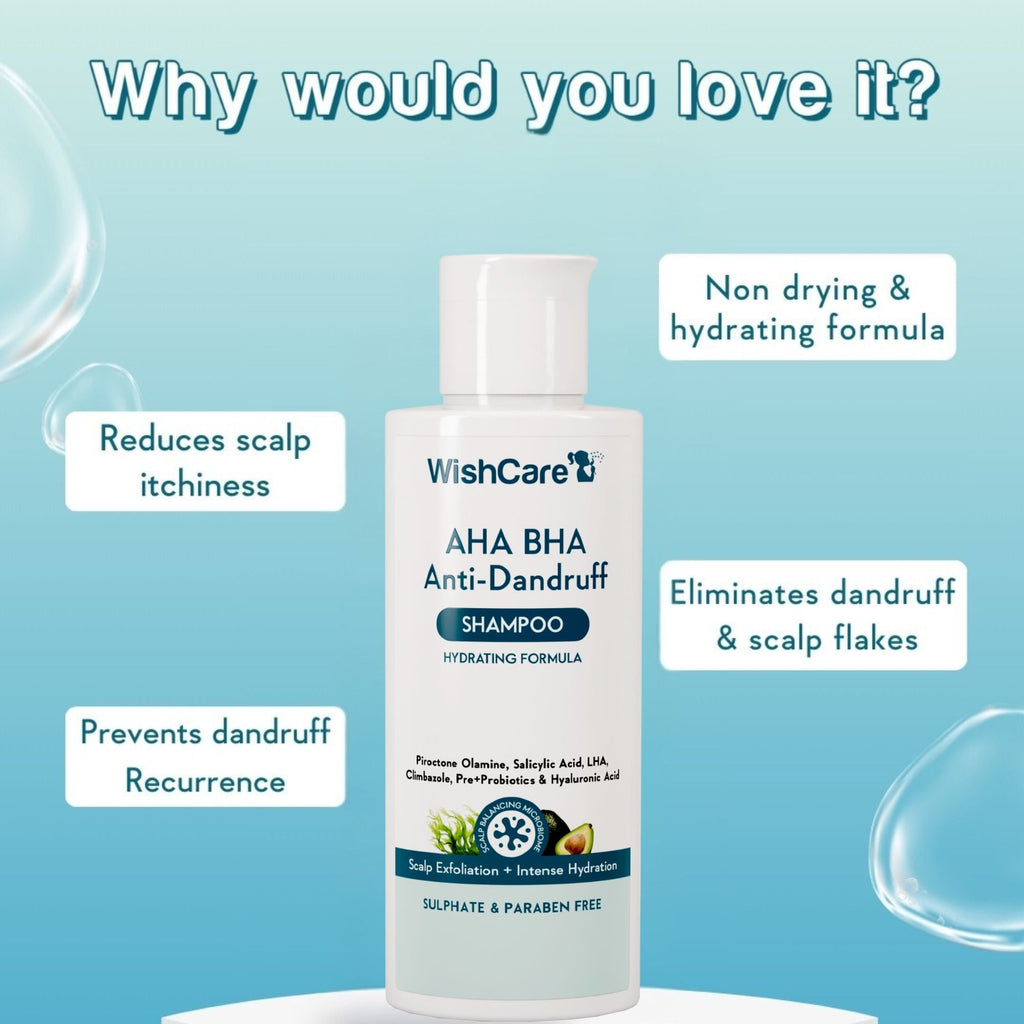 WishCare Hydrating AHA BHA Anti Dandruff Shampo-Reduces Flakes & Itchiness-100% Dandruff Reduction | Grocsy
