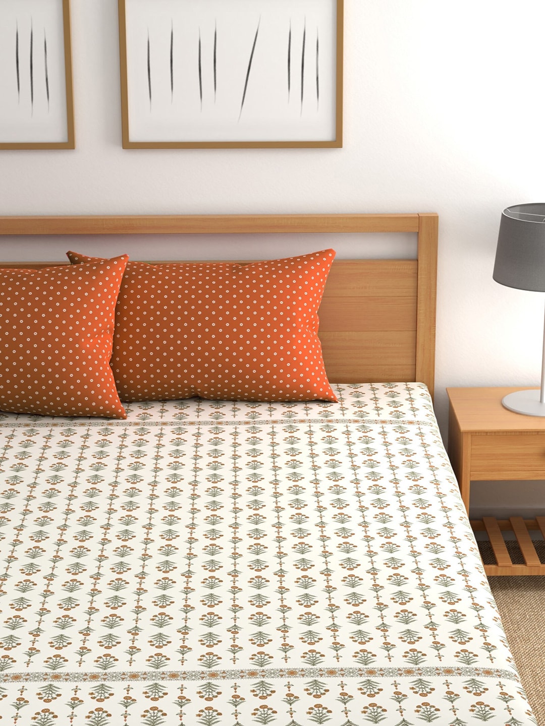 CHHAVI INDIA Cream-Coloured & Orange Floral Ultra Soft 210 TC Bedsheet with Pillow Covers | Grocsy