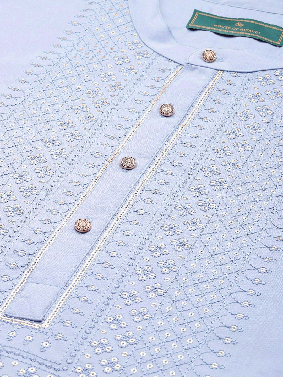 House of Pataudi Jashn Pure Cotton Yoke Design Sequinned Kurta | Grocsy