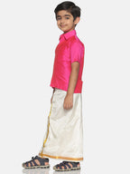 Sethukrishna Boys Pink & Cream-Coloured Solid Shirt and Veshti Set | Grocsy