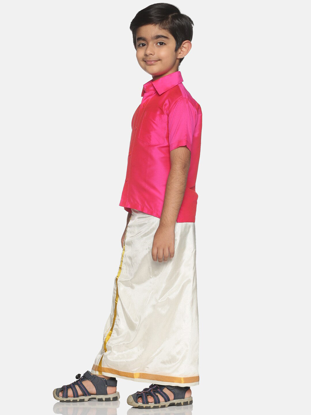 Sethukrishna Boys Pink & Cream-Coloured Solid Shirt and Veshti Set | Grocsy