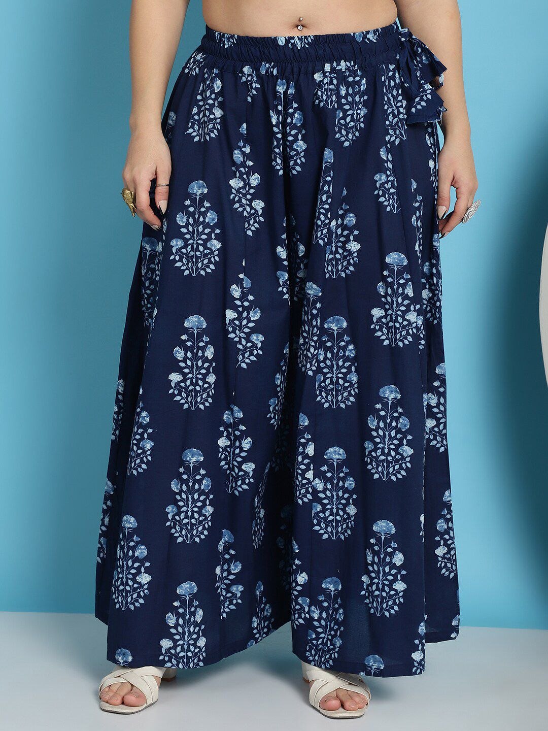 TAG 7 Plus Size Ethnic Motifs Block Printed Pure Cotton Flared Ethnic Palazzo | Grocsy