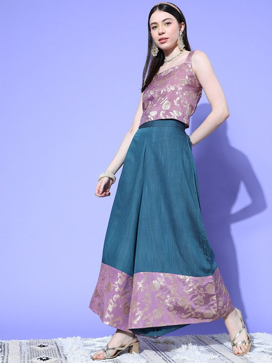 InWeave Women's Mauve Brocade Strappy Top W Teal Mauve Brocade Palazzo Set | Grocsy
