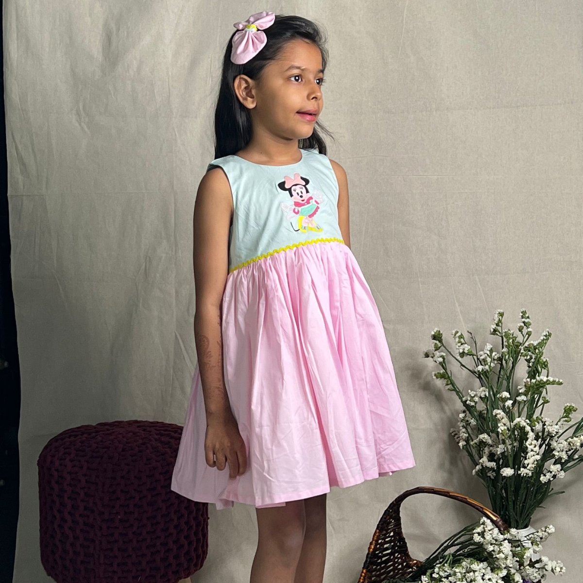 ArthLife Pink And Cyan Minnie Embroidered Dress | Grocsy