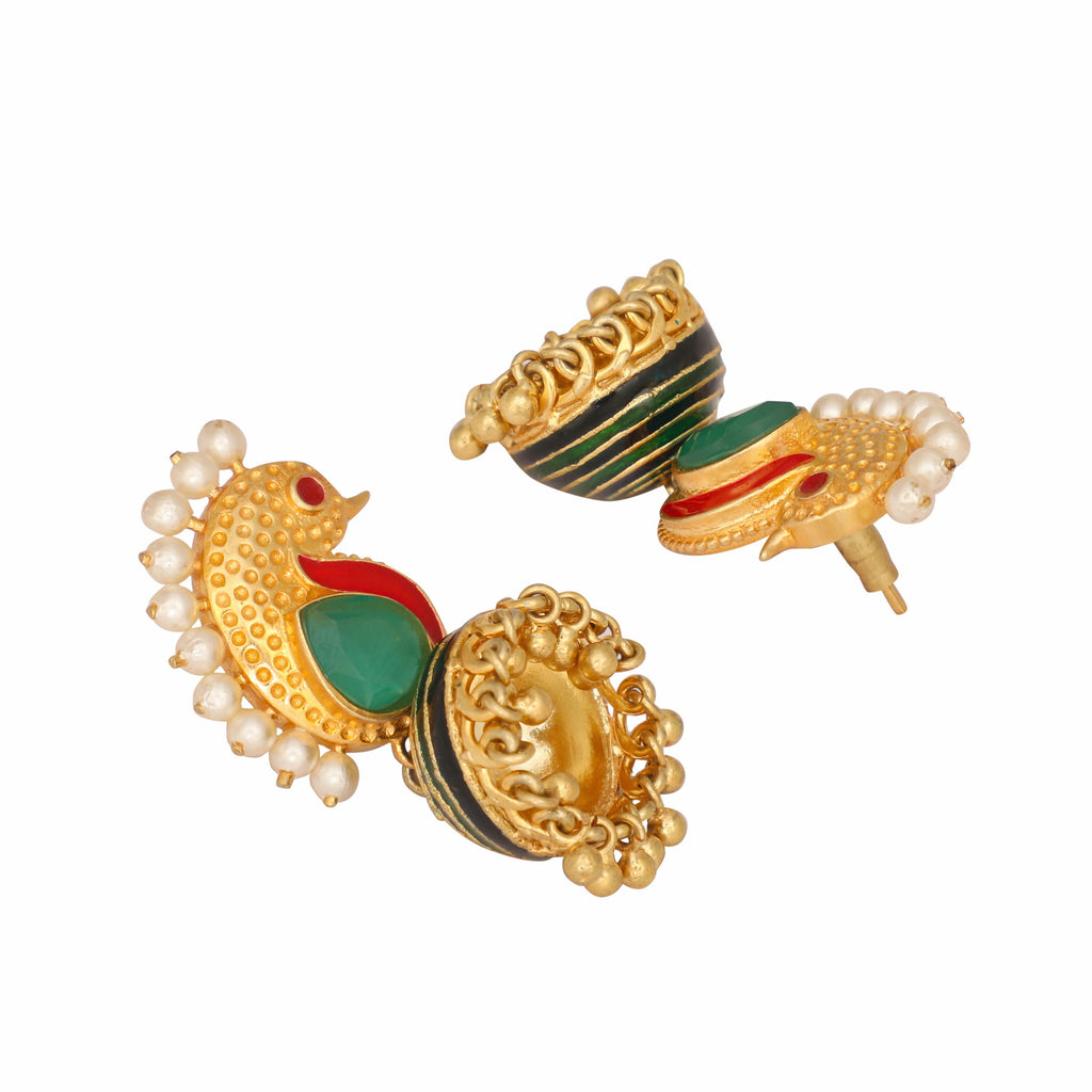 Nuyug 22K Gold Plated Pearls Studded Contemporary Shaped Enamel Jhumkas | Grocsy