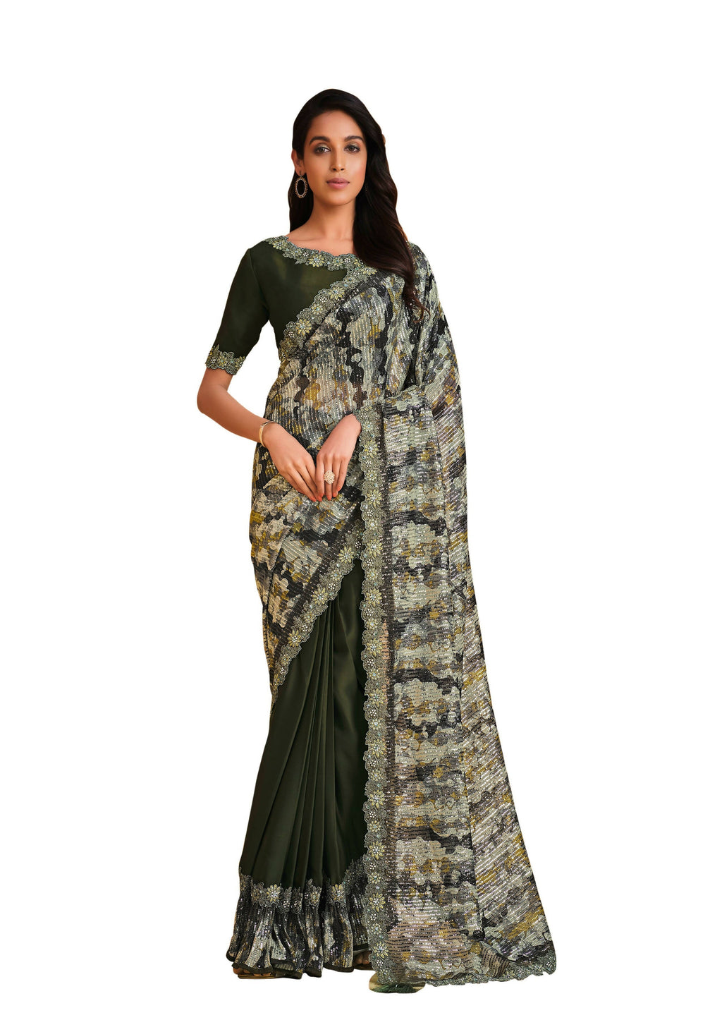 Green Satin Crepe Silk Sequence Embroidered Saree With Unstitched Blouse - Mohmanthan Yavanika | Grocsy