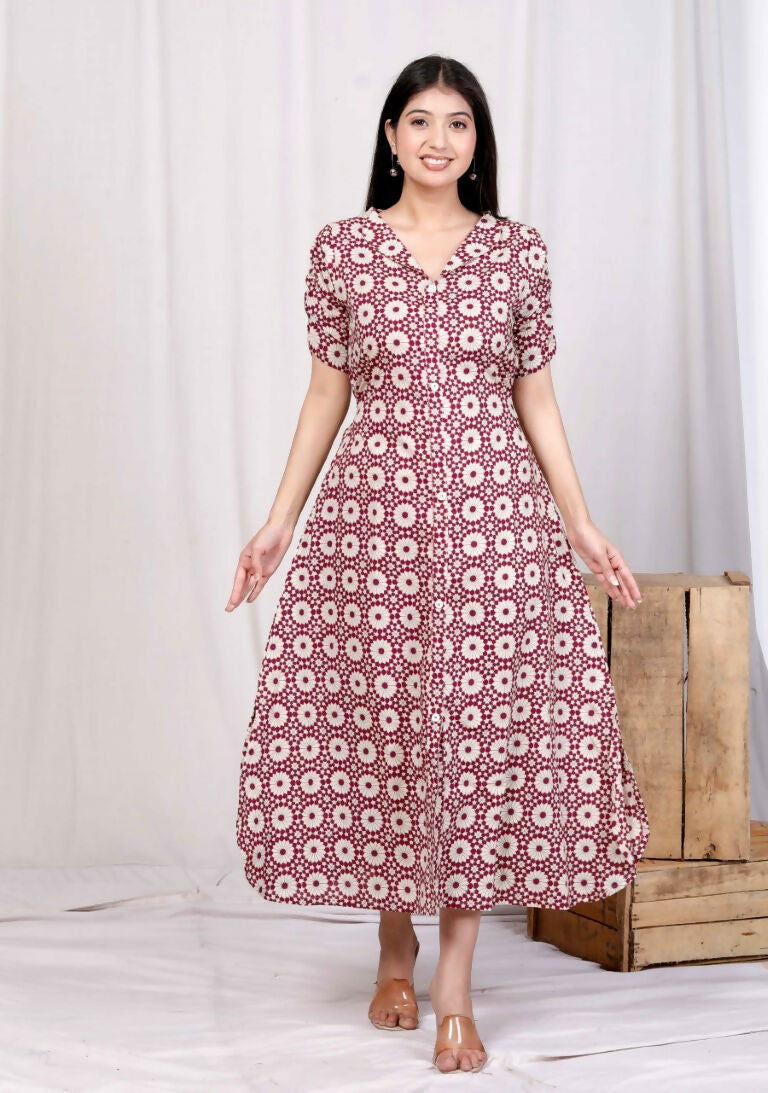 Miravan Women's Cotton Floral Printed Cream A-Line Maxi Dress with Buttons | Grocsy