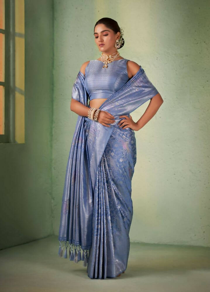 Charming Designer Greyish Blue Color Kanjivaram Silk Saree With Weaving Work - Yomika Fashions | Grocsy