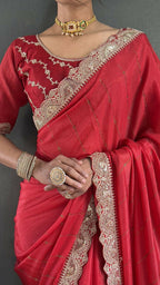Vastranavya Red Georgette Silk Swarovski & Heavy Lace Work Ready to Wear Saree | Grocsy