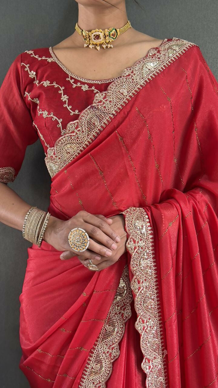 Vastranavya Red Georgette Silk Swarovski & Heavy Lace Work Ready to Wear Saree | Grocsy