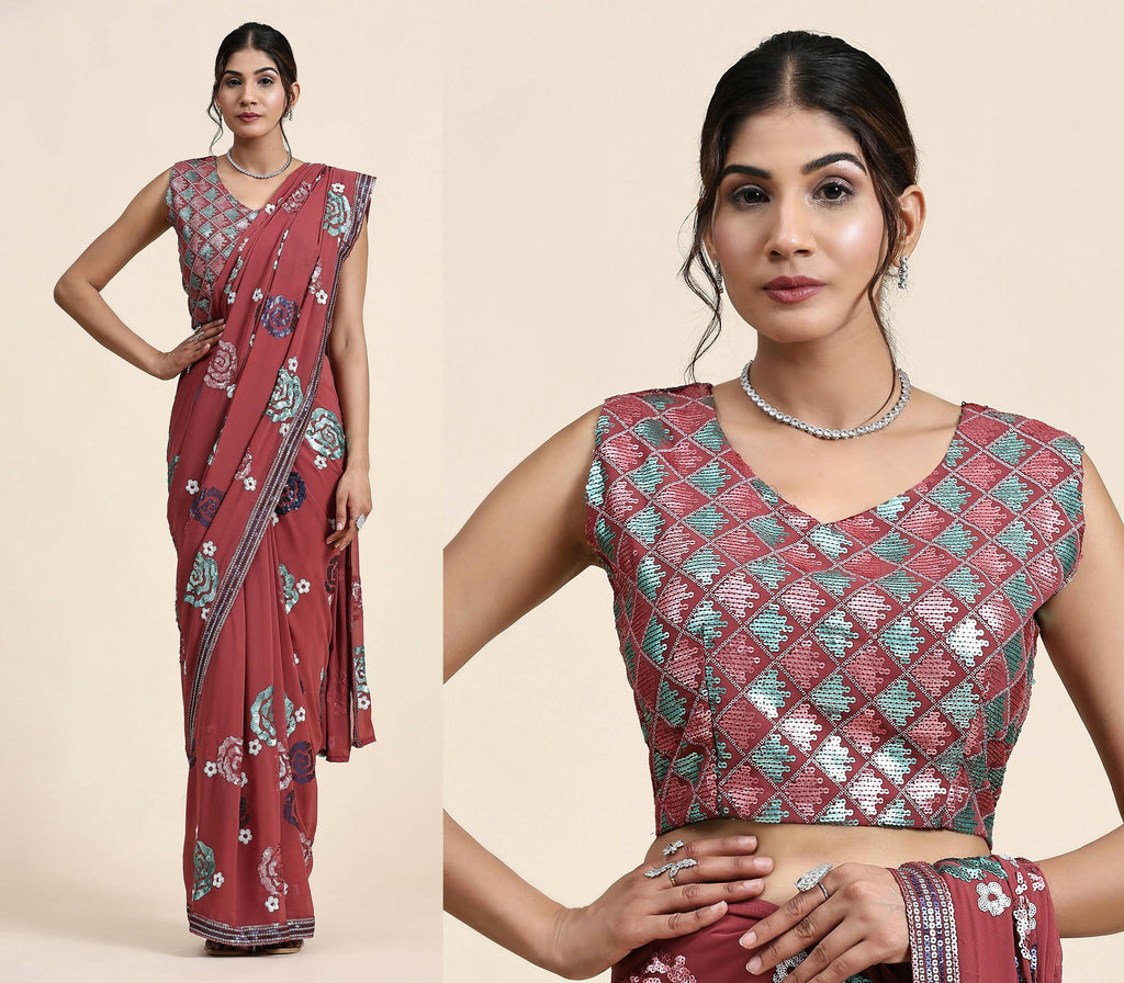 Peach Pure Georgette Sequence work Ready to wear Saree with stitched Blouse - Nirvana | Grocsy