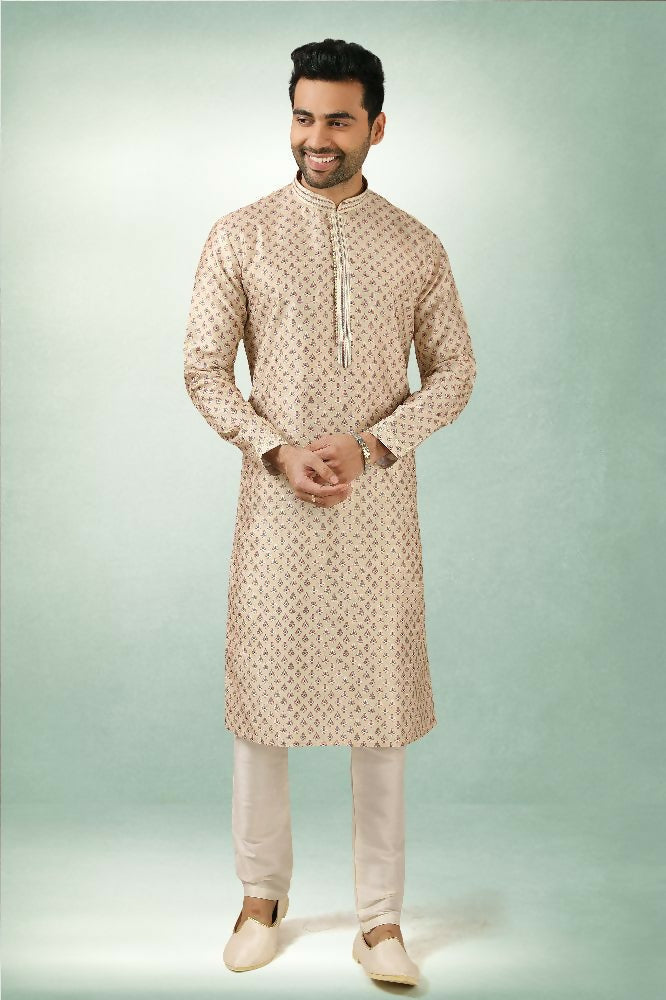Raivat Ethnic Art Silk Printed Work Kurta Pajama In Cream Colour | Grocsy