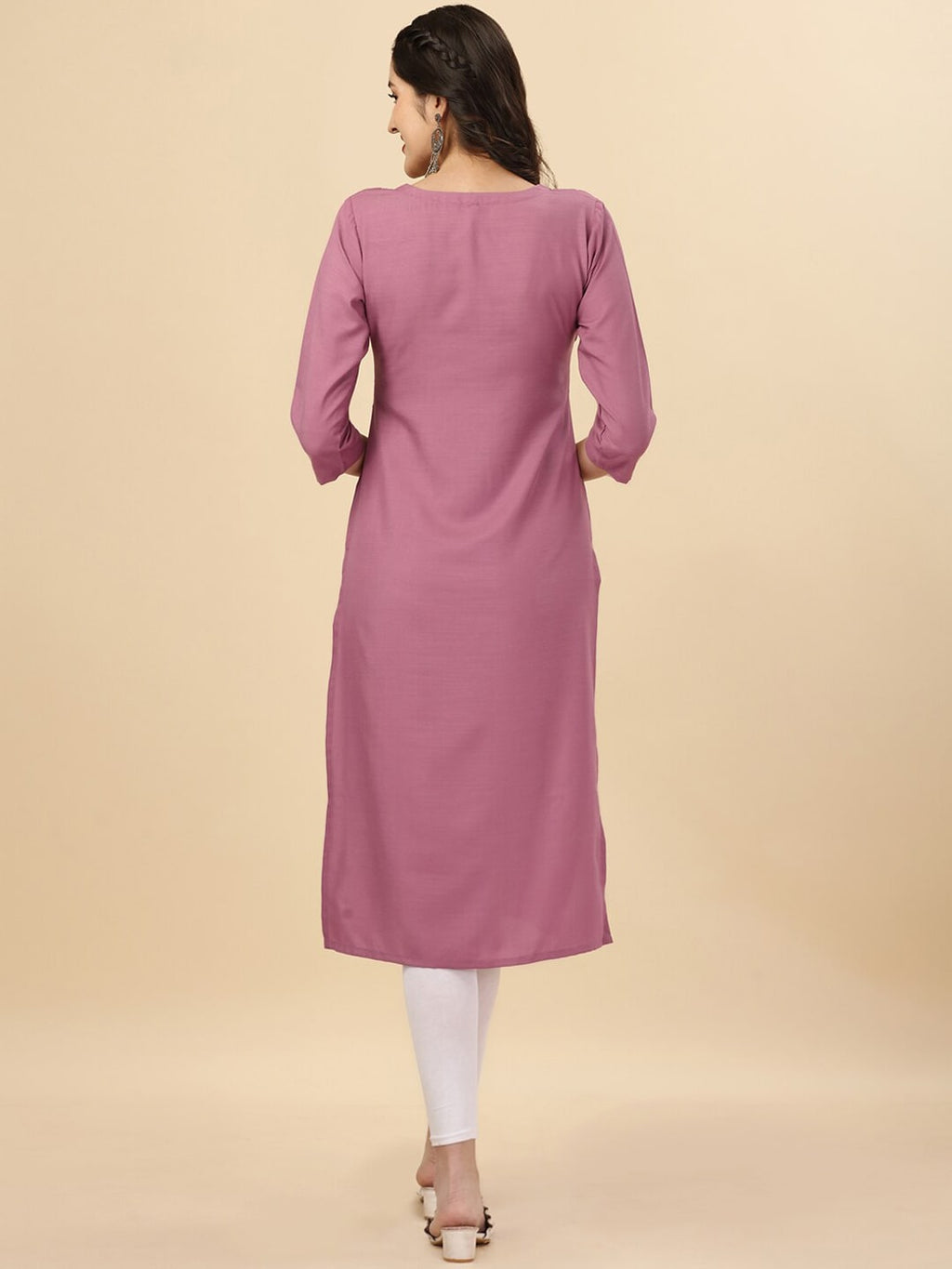 HERE&NOW Mauve & Biege Ethnic Motifs Embroidered Yoke Design Mirror Work Kurta | Grocsy
