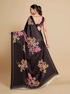 Sangria Black & Burgundy Floral Zari Satin Saree | Grocsy